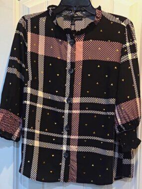 harvé benard Womens Plaid Collared 3/4 Sleeve Button-Down Rayon Blouse M